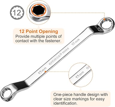 sourcing map 2pcs 45 Degree Offset Box End Wrench 13mm x 15mm Metric 12 Point Mirror Chrome Plated Alloy Steel Double Box Wrenches Long Industrial Grade Torx Box Wrench Repair Tool