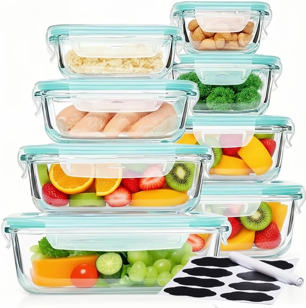 Glass Food Storage Containers, 8 Pack Meal Prep Bento Boxes with Airtight Leak Proof Locking Lids, BPA Free, Microwave, Oven, Freezer and Dishwasher Safe