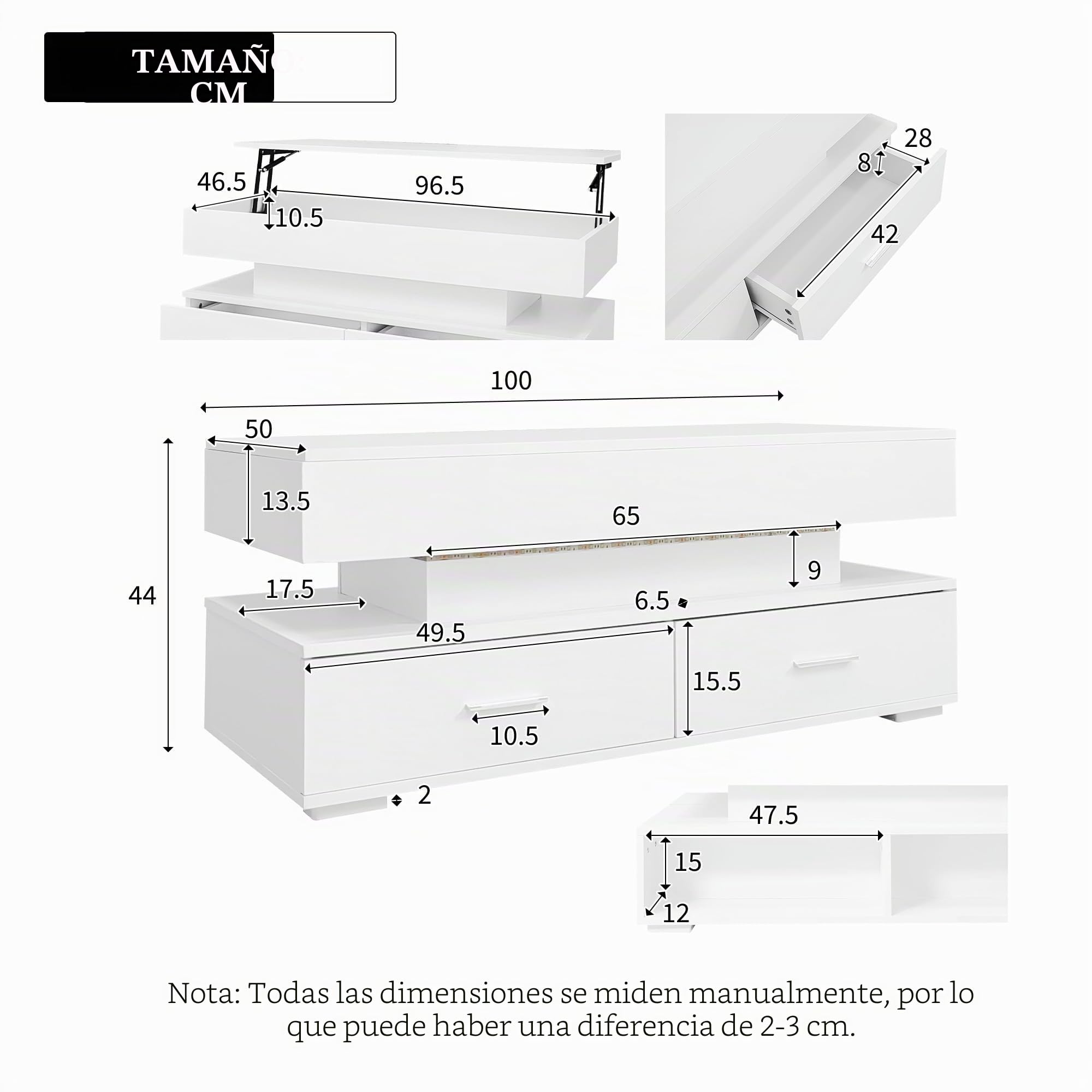 Mesa de centro hidráulica ajustable en altura, con iluminación LED, control por aplicación Bluetooth, 2 cajones y espacio de almacenamiento abierto, mesa de centro elevable (blanco)