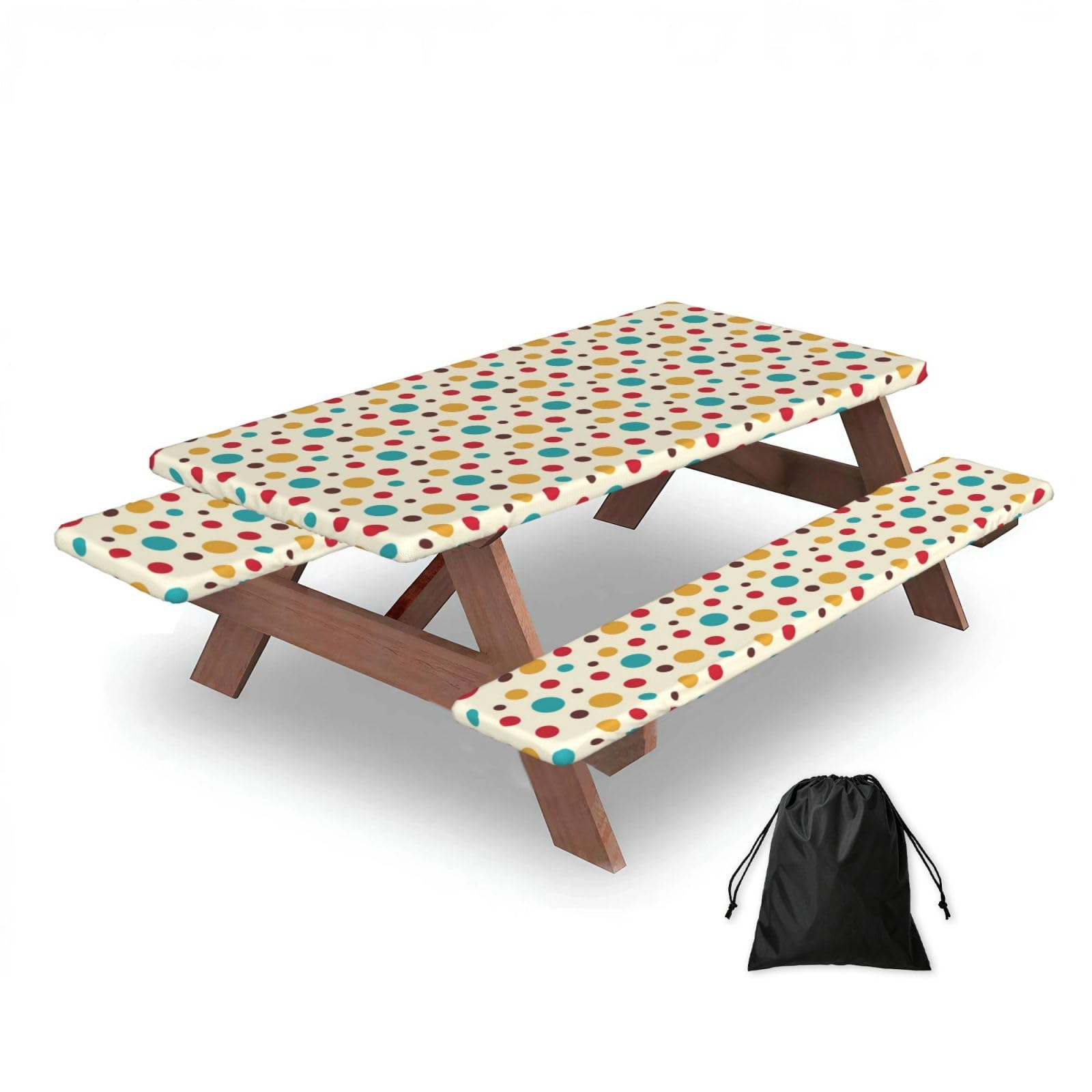 Dopklna As Picture Vintage Polka Dots, Picnic Table Cover With Bench Covers -Waterproof Elastic Fitted Tablecloth For Garden Camping Patio 76X152cm