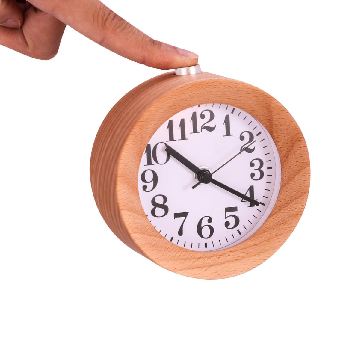 Operitacx Reloj Despertador, Redondo de Madera Silencioso y Luz Nocturna Diseño Clásico para Oficina y Decoración de Escritorio