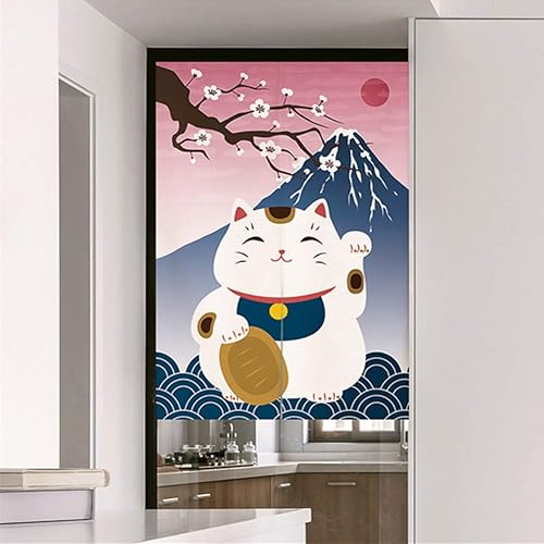 Miniatura 2 de Cortina japonesa Noren para puerta, tapiz Maneki Neko Lucky Cat y Mount Fuji, cortina de puerta impresa Ukiyoe Cherry Blossom Divisor de habitación,