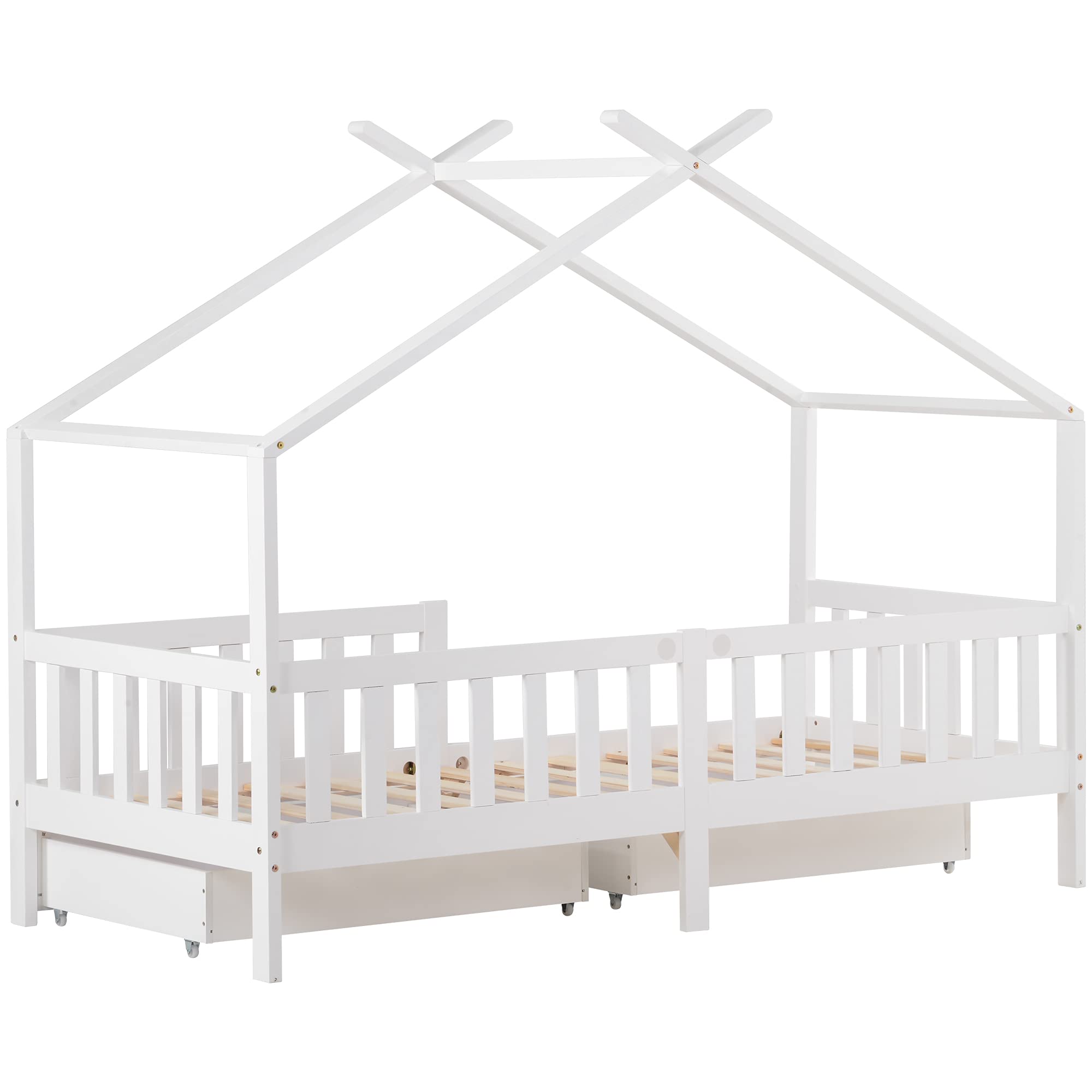 Letto Casetta per Bambini 90x200cm, Lettino Montessori con 2 Cassetti, Struttura in legno massello con Rete a Doghe, Cameretta Ragazzi, letto a Forma di Casa