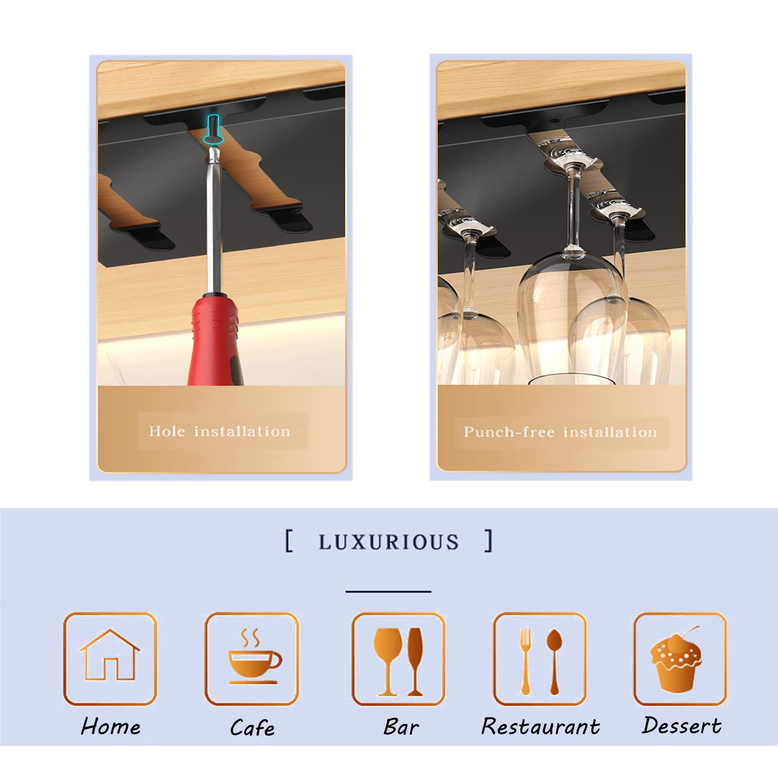 Porta Bicchieri Vino Acciaio Inossidabile Sotto l'Armadio Calici Appeso Supporto Senza Foratura Metallo Bicchieri Vino Asciugatura Organizzatore Stoccaggio per Armadio Cucina Bar (3 Slot)
