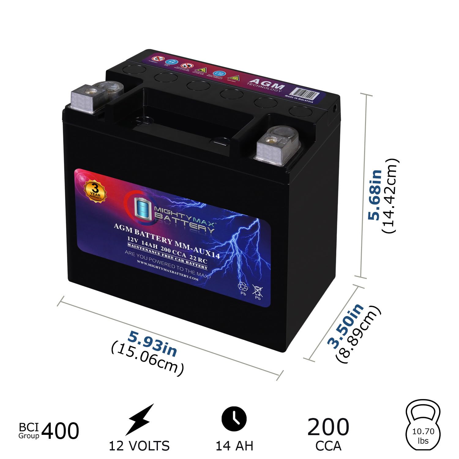 Amazon.com: Mighty Max Battery MM-AUX14 12V, 14Ah, 22RC, 200 CCA