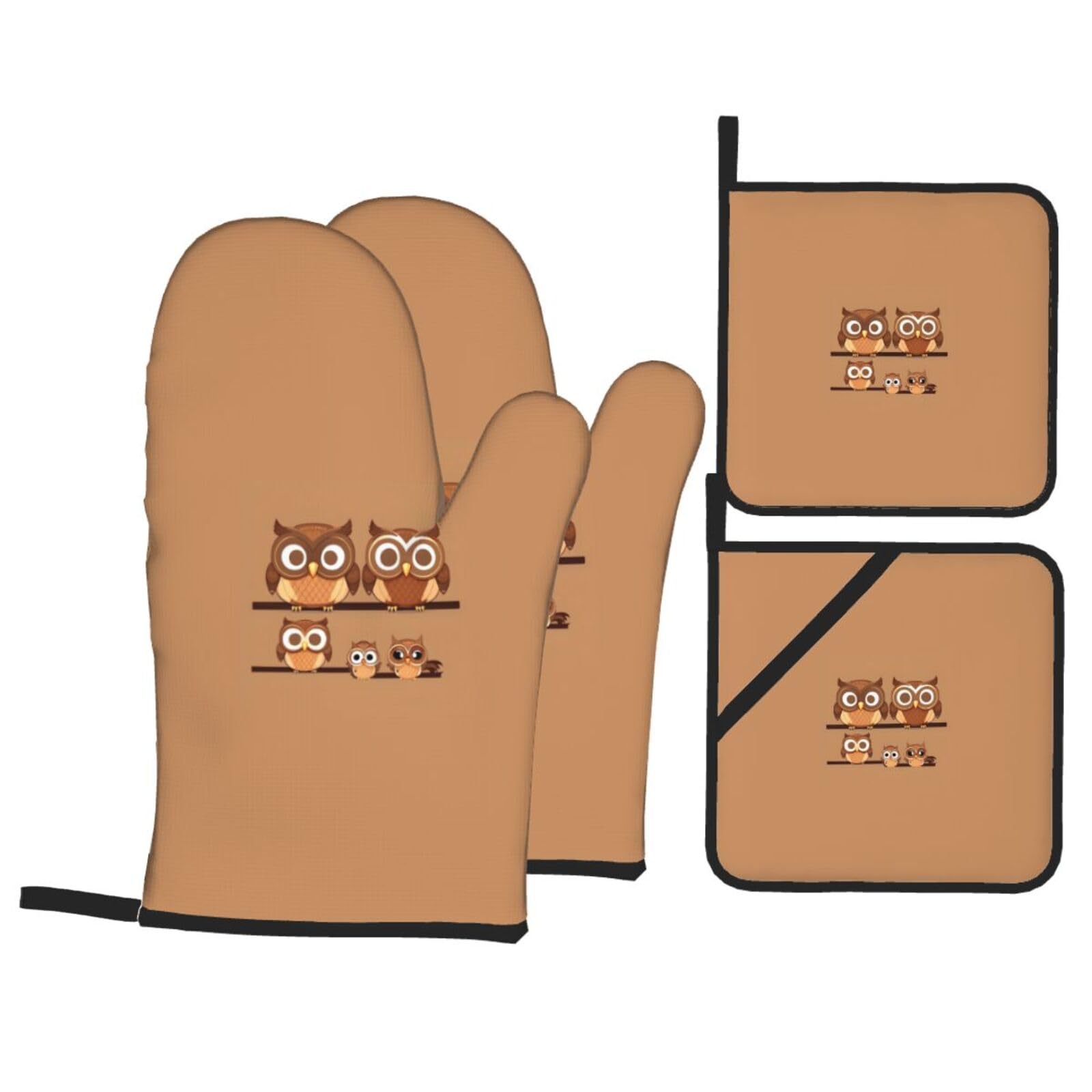 Cute Big Brown Cartoon Owls Print 4-Piece Heat-Resistant Oven Waterproof Kitchen Gloves Cooking Roasting Essential