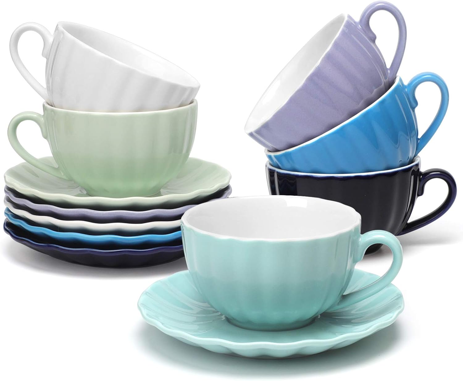 amhomel Tea Cups and Saucers Set of 6, Porcelain Espresso Cups, 6 Oz Cappuccino Cups with Saucers for Specialty Coffee Drinks, Cafe Mocha, Espresso and Tea - Embossed Design, White