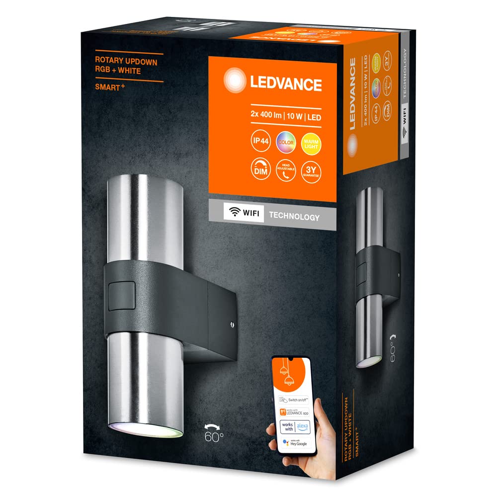 Ledvance, kinkiet zewnętrzny LEDVANCE SMART WiFi, 10 W, 800 lm, srebrny, o ciepłobiałym świetle (3000 K), z głowicą kierunkową, sterowany za pomocą aplikacji, kompatybilny z Google