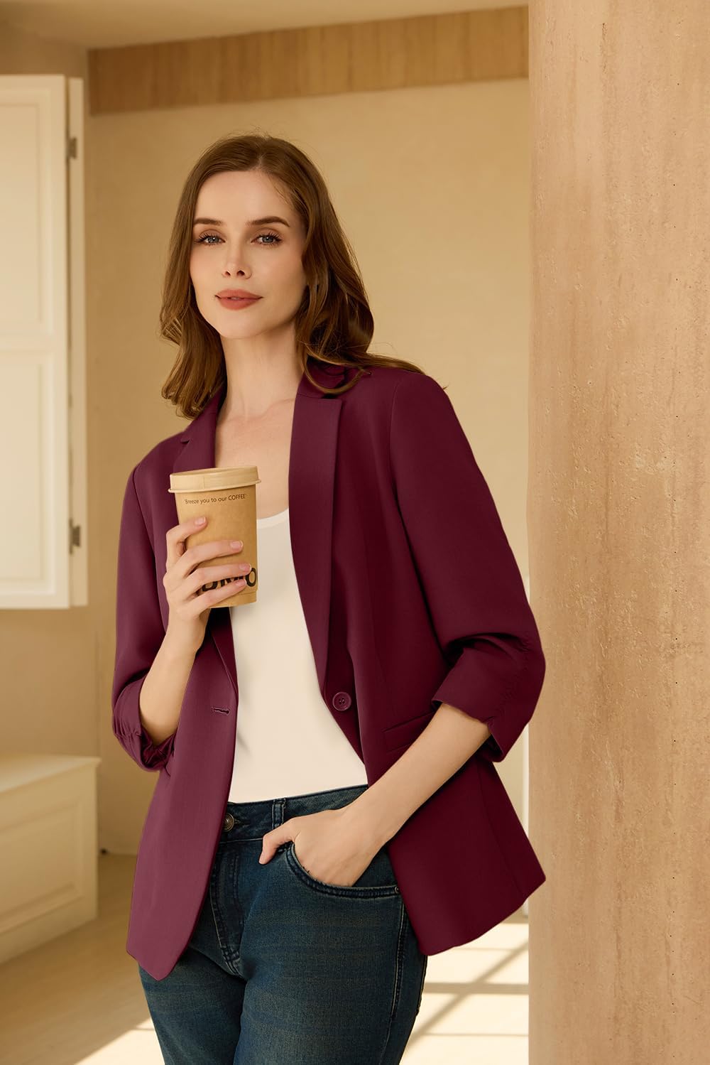 Suit Blazer for Women Open Front Business Work Office Outfit Ruched 3/4 Sleeve Slim Fit Jacket - Image 5