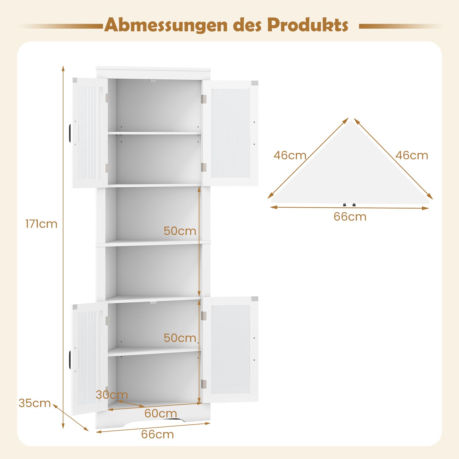GOPLUS 6-stufiger Eckschrank, 171 cm hohe Badezimmerschrank schmal mit 4 Türen, dreieckiger Hochschrank mit verstellbaren Regale, Mehrzweckschrank, Eckvitrine für Badezimmer, Wohnzimmer, Flur & Küche
