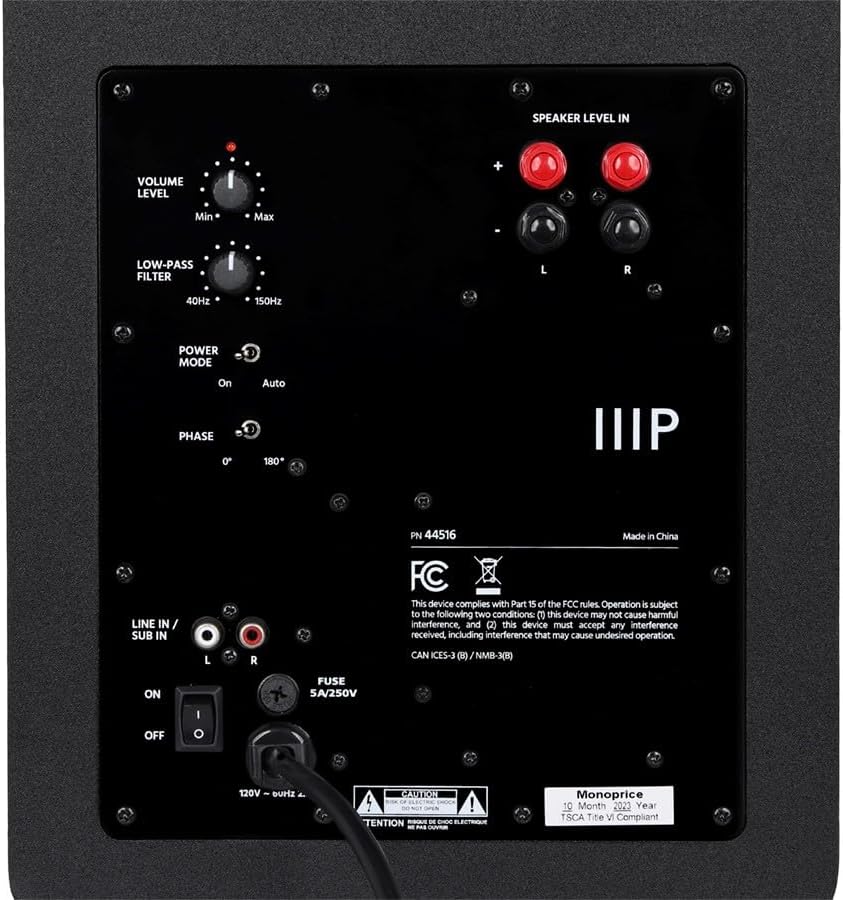 Close-up of Monoprice CSW-12 Subwoofer rear panel controls