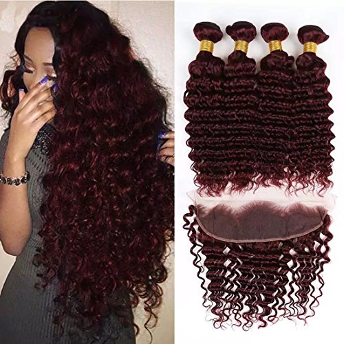 8A Burgundy Deep Wave Brazilian Virgin Hair Weave With 134 Lace Frontal Closure 5Pcs Lot #99J Wine Red Deep Curly Human Hair 4 Bundles With Ear to Ear Full Frontals (10 12 14 16 with 10, 99J,Burgundy)