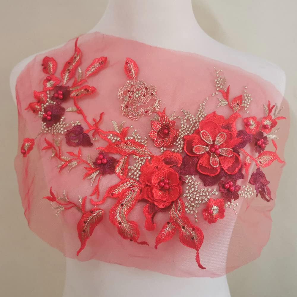 3D Embroidered Patches Nail Bead Tulle Applique Flower Patch for Clothing Wedding Dress Lace C Fabric DIY Decoration (Golden)