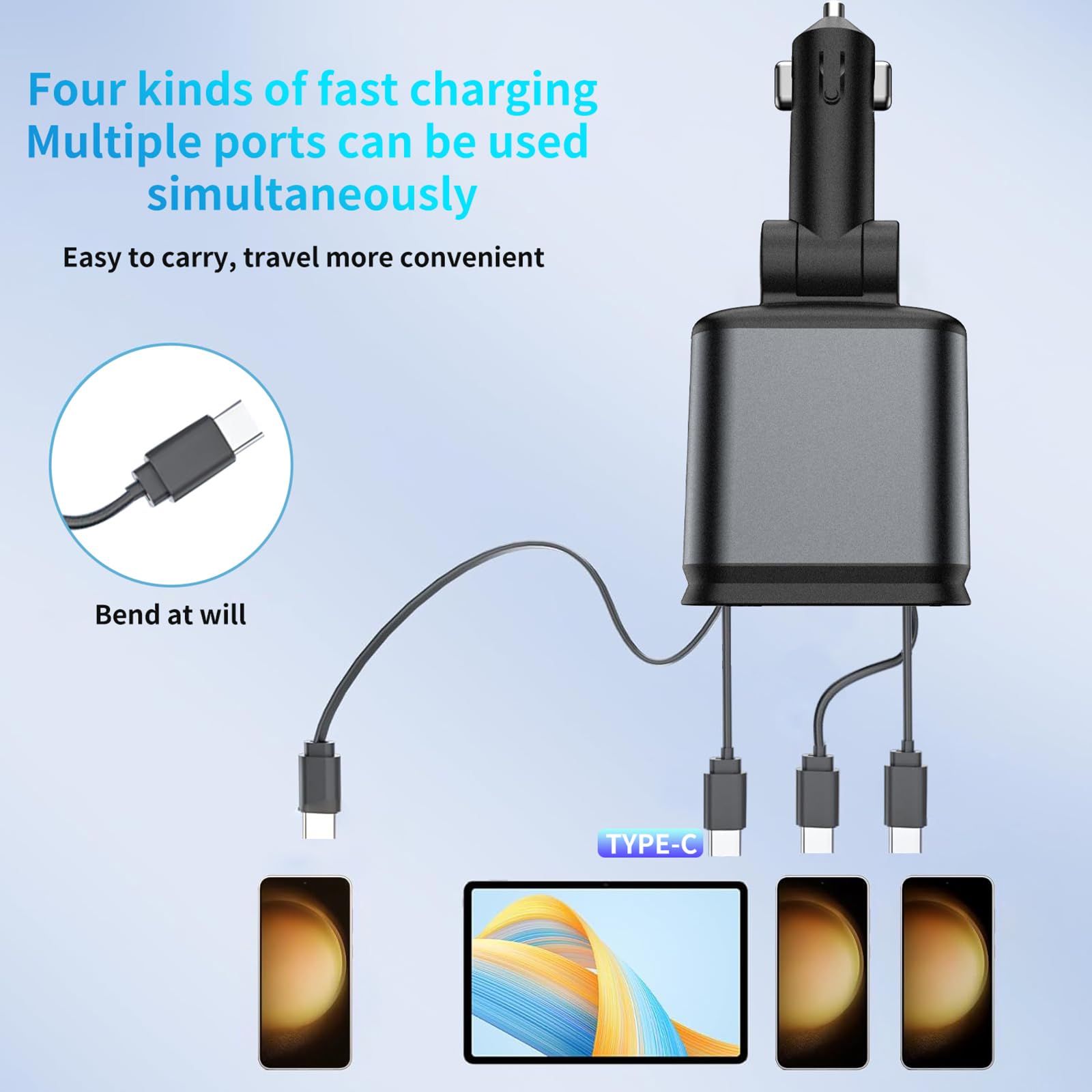 Adaptador ajustable de carga de coche de 180 grados con luz de proyector de estrellas doble USB C y USB un accesorio rápido