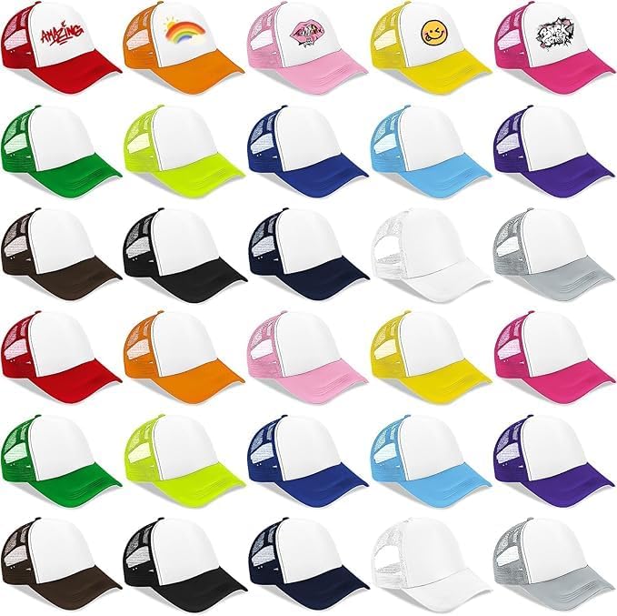 30 Pcs Kids DIY Sublimation Trucker Hats Mesh Baseball Caps Adjustable Trucker Cap for Boys Girls Outdoor (15 Colors) Multicolor