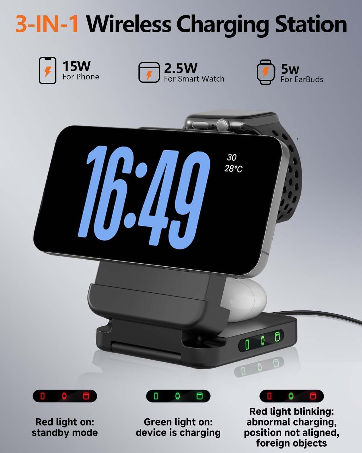 3 in 1 Foldable Wireless Charger, 15W Qi2 Magnetic Charger Stand for iPhone & Samsung, Apple Watch & Galaxy Watch, AirPods & Galaxy Buds, Travel-Friendly, 25W PD Adapter Included