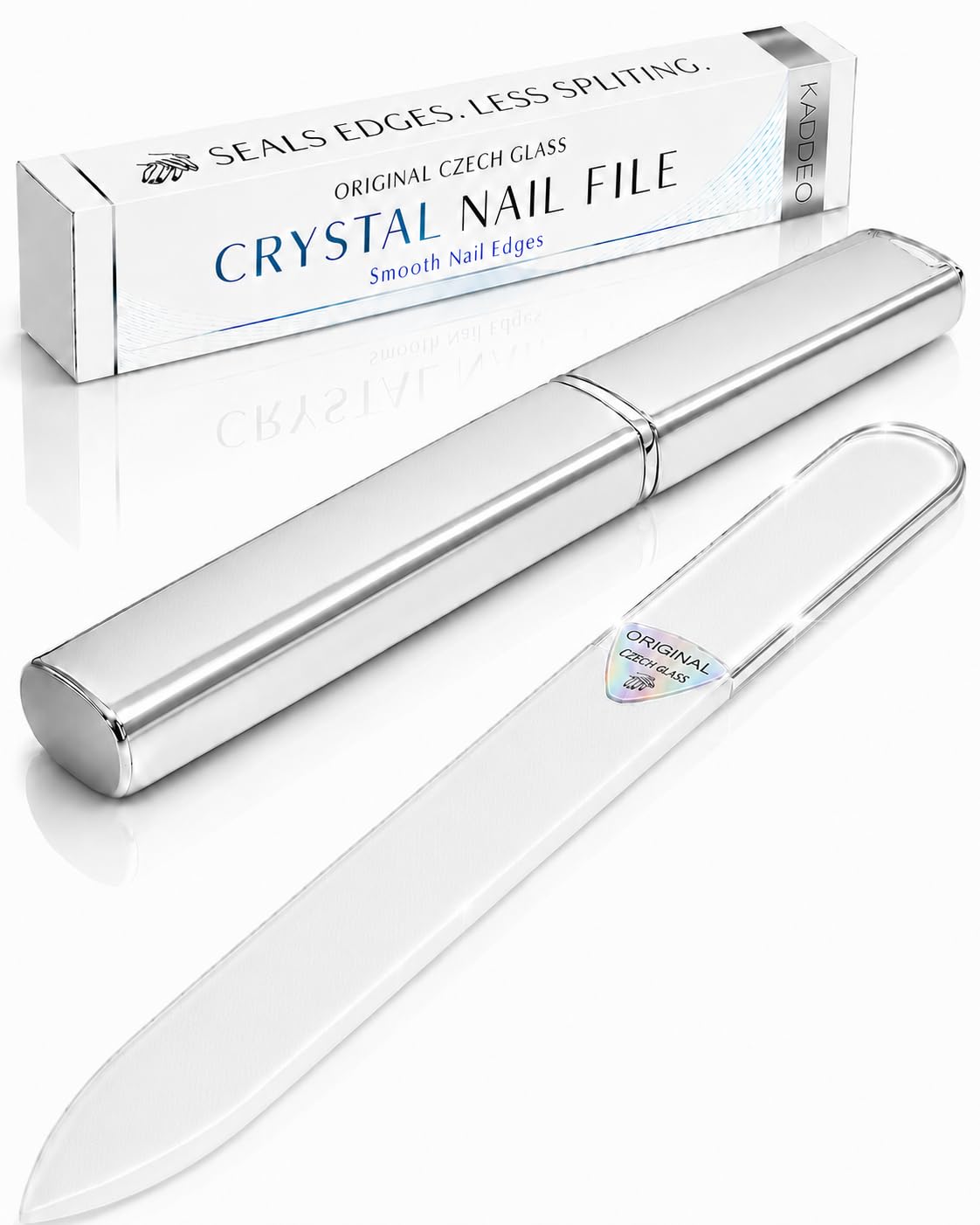 Authentic Czech Glass Nail File for Natural Nails - Gentle Filing Helps Prevent Splitting - Smooth & Seal Edges - Dual-Grit - Won't Wear Out - Etched Crystal Fingernail File with Case Clear Silver