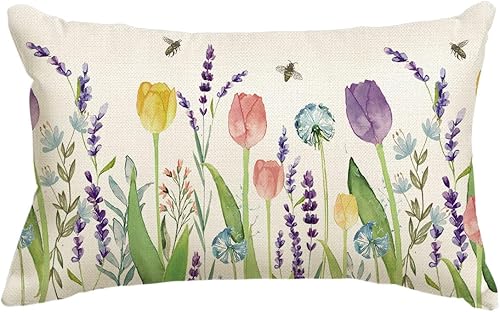 AVOIN colorlife Spring Flowers - Funda de almohada con diseño de tulipanes y abejas de lavanda, 12 x 20 pulgadas, funda de cojín de primavera para