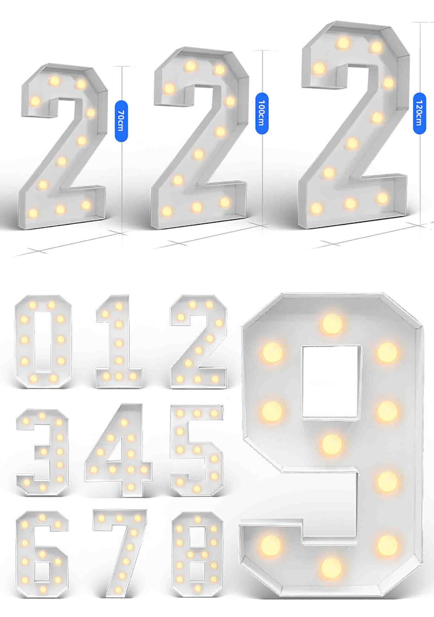 Letrero luminoso con números LED del 0 al 9, luz nocturna blanca cálida, letras de plástico, números de pie, 70-120 cm, luces de letrero digitales for fiesta, hogar, lámpara navideña, bodas, festivale