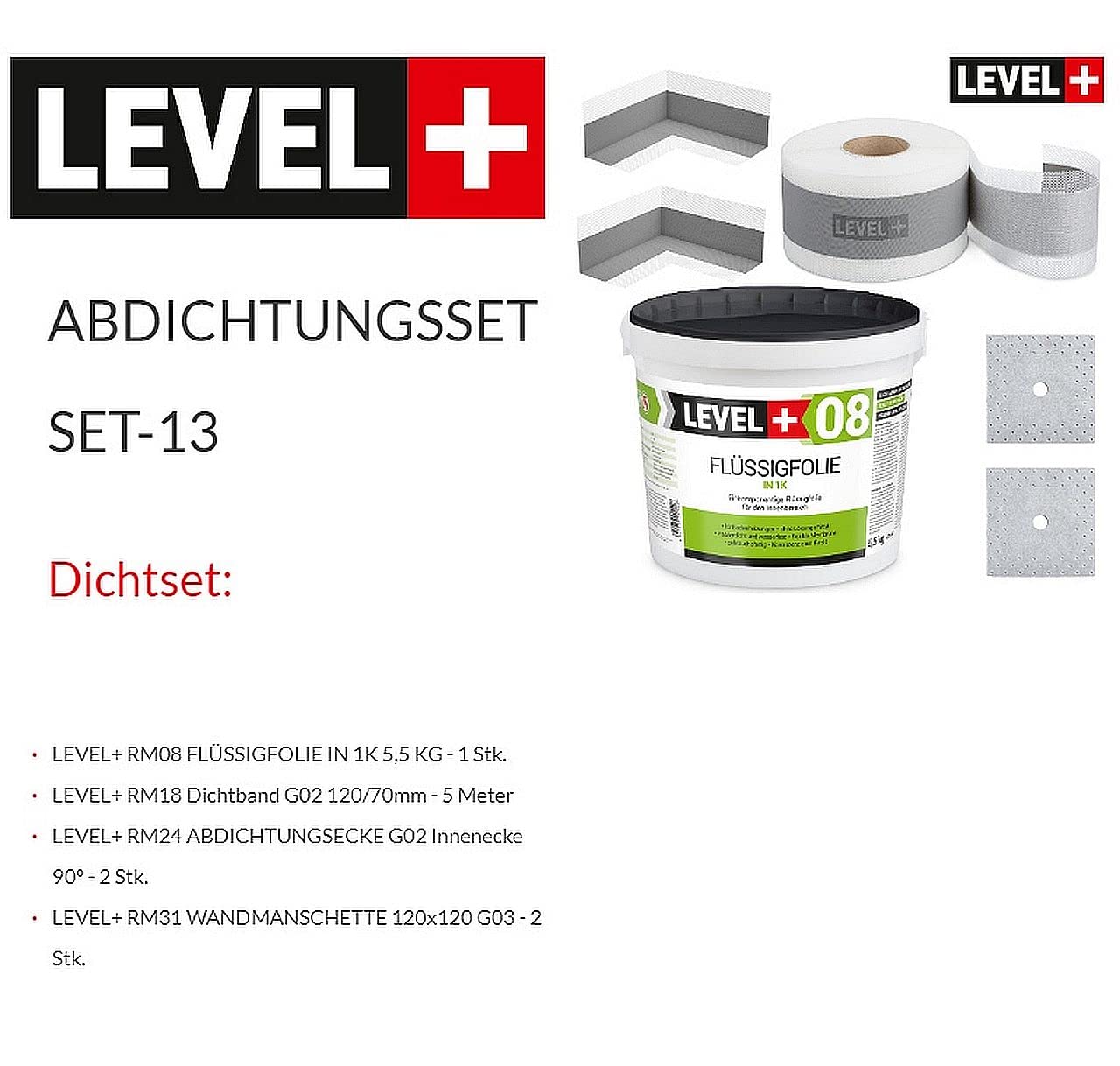 Dichtset Bandset 5,5 Kg Flüssigfolie, 2 Innenecken, 2 Wandmanschetten 5m