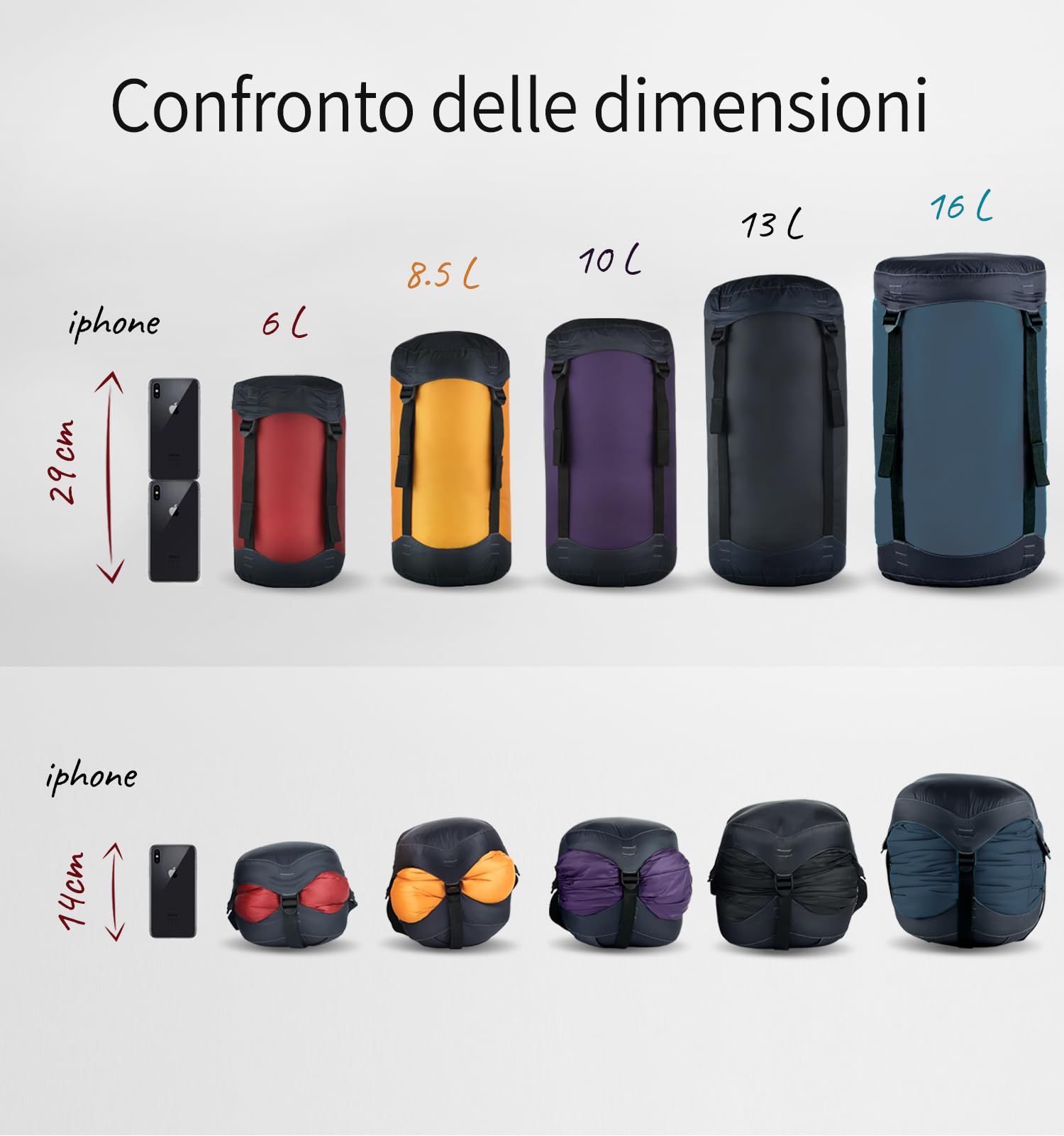 Litume Sacco di Compressione 6L, 8.5L, 10L, 13L, 16L, Resistente all'Acqua, Leggero e Compatto, in Tessuto Ripstop, per Sacchi a Pelo, con Chiusura a Corda, per Campeggio (Nero)