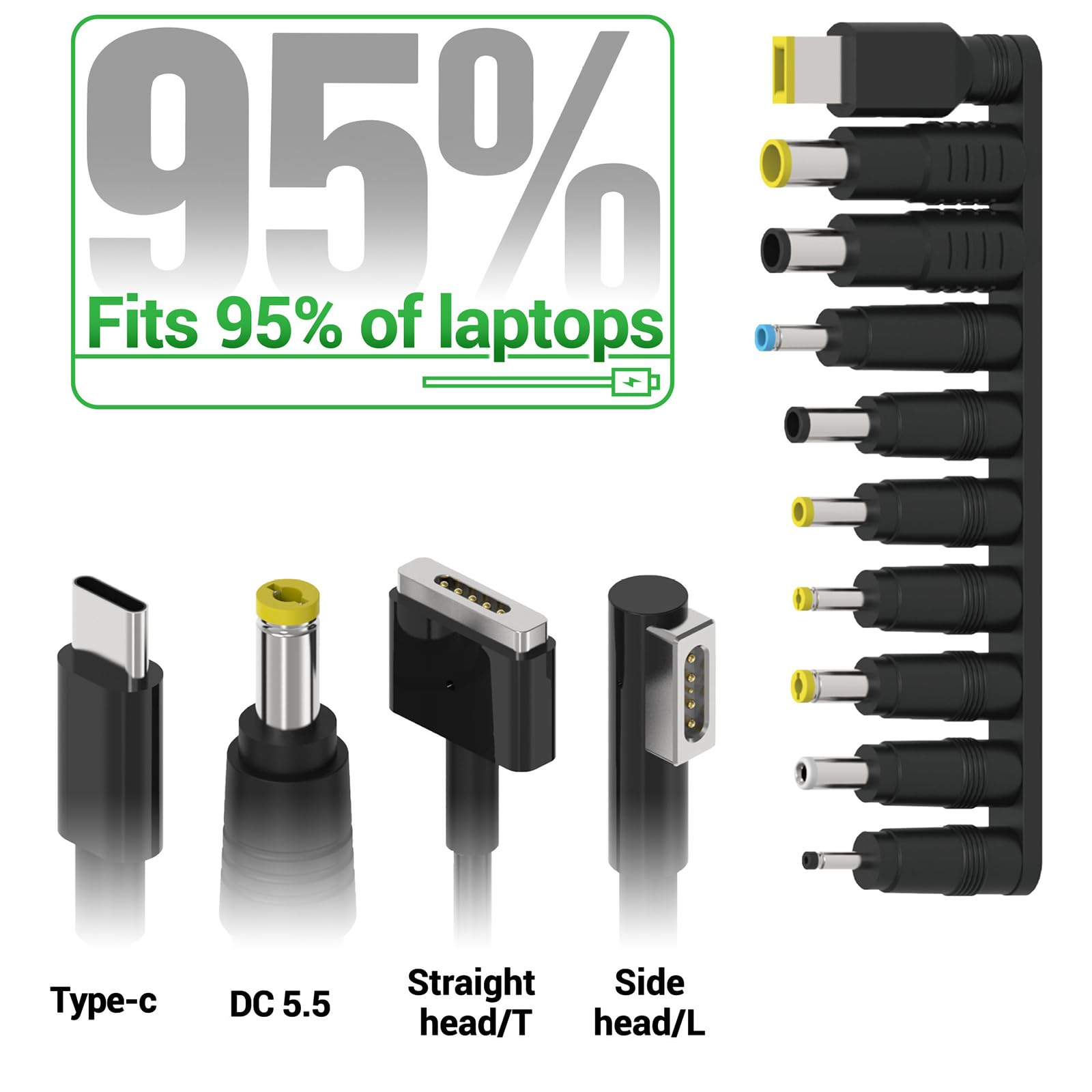 Cable de alimentación de 100 W para reparación de portátiles con 10 adaptadores, adecuado para varios modelos y fuente de alimentación para portátil con visualización en tiempo real