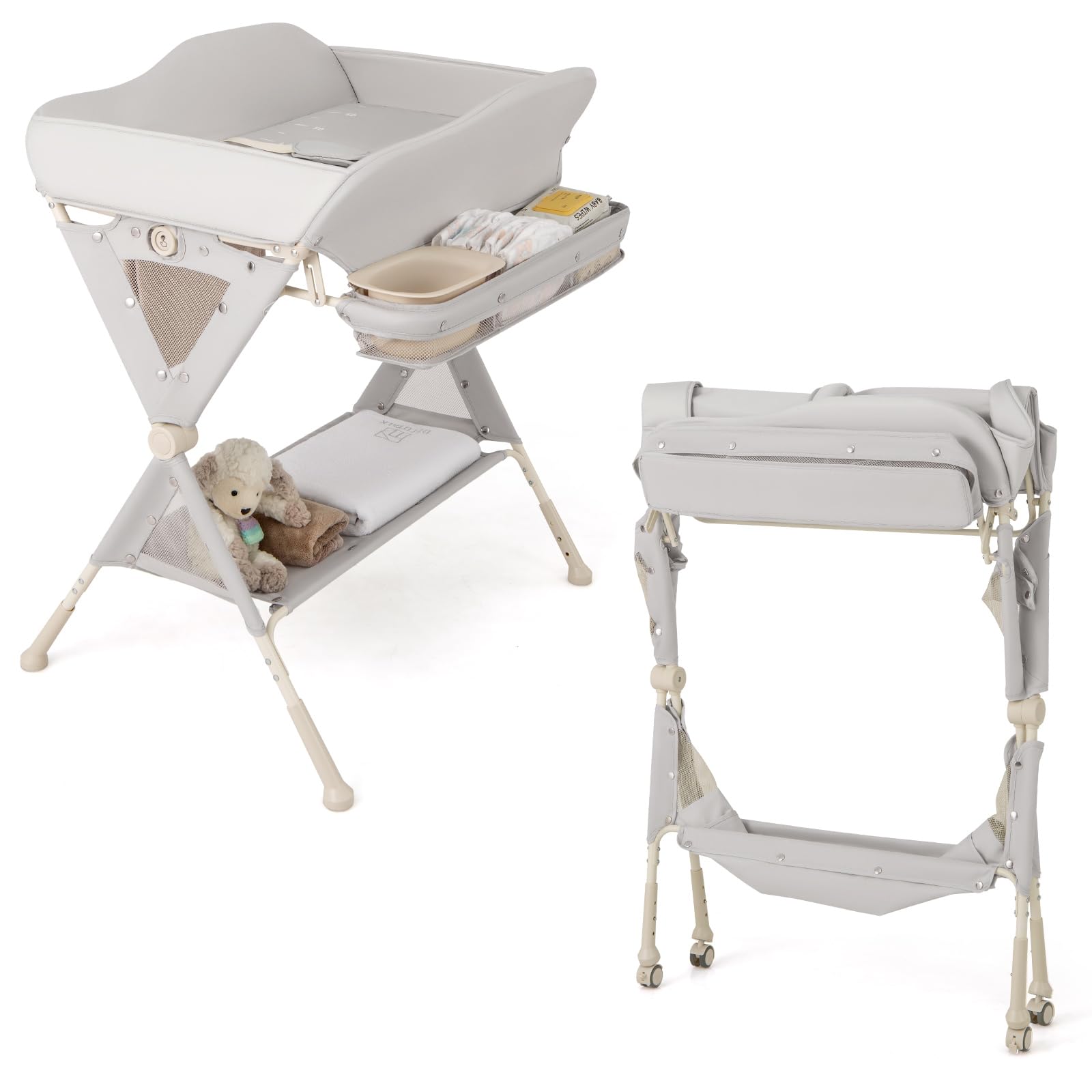 GLACER Foldable Diaper Changing Station, Height Adjustable Changing Table with Storage, Removable & Lockable Wheels, Safety Belt, Water Basin, Mobile Nursery Organizer for Baby Infant Newborn (Gray)