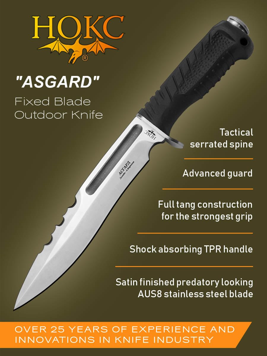 HOKC Asgard | 607-181821 | Hunting Knife, Tactical Knife by Official Dealer - Designed by Russian Master Aleksander Biryukov - Advanced Guard, TPR Handle, Full Tang Construction, Tactical Serrated Spine, Long and Durable AUS8 Stainless Steel, Satin Finished - Ideal for Camping & Hunting