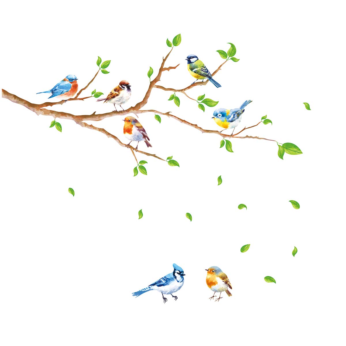 decalmile Birds on Tree Branch Wall Stickers Green Leaves Wall Decals Baby Nursery Kids Bedroom Living Room Wall Decor(Branch Size: 47 Inches)