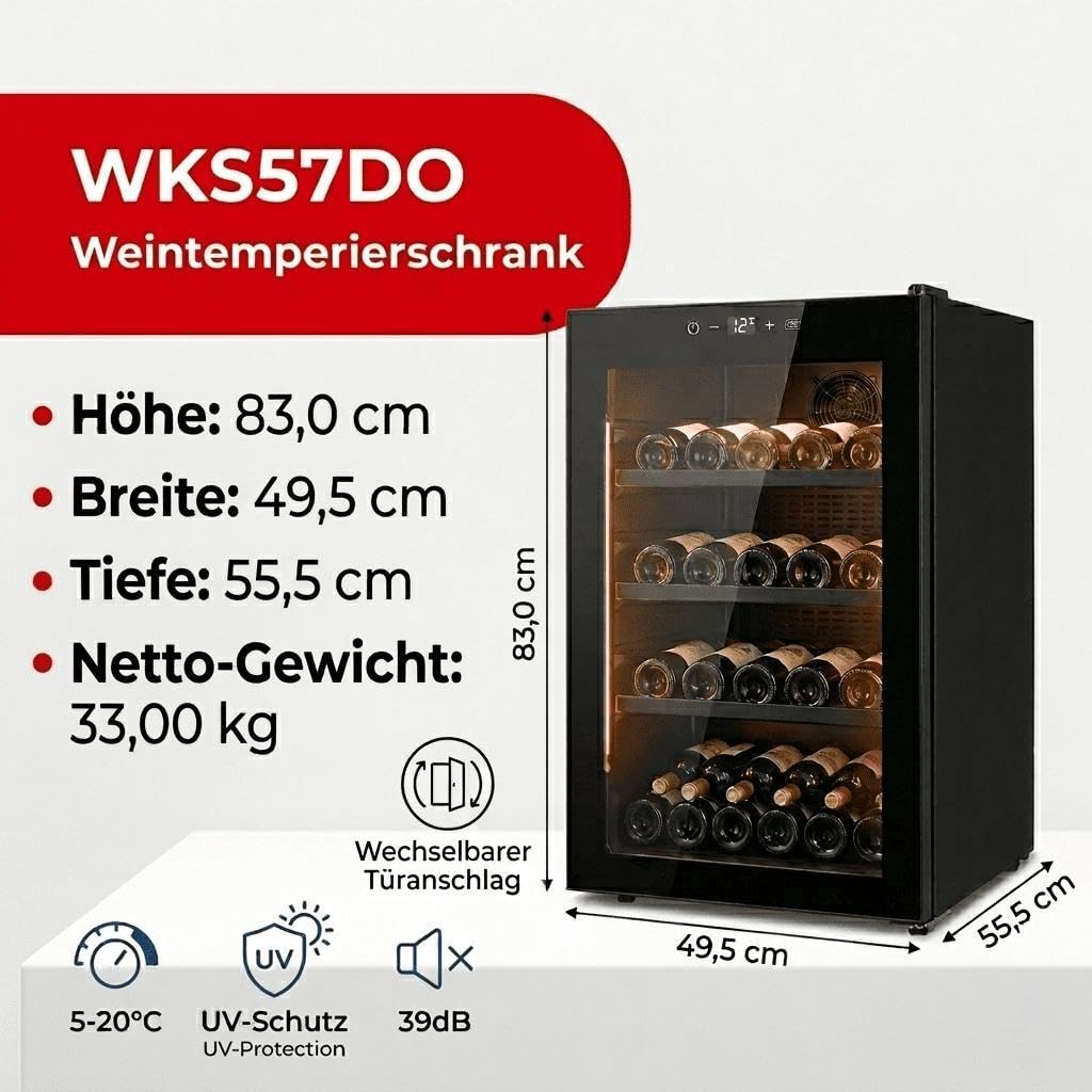 PKM Weinkühlschrank WKS57DO, für 57 Flaschen, 124 L Nutzinhalt