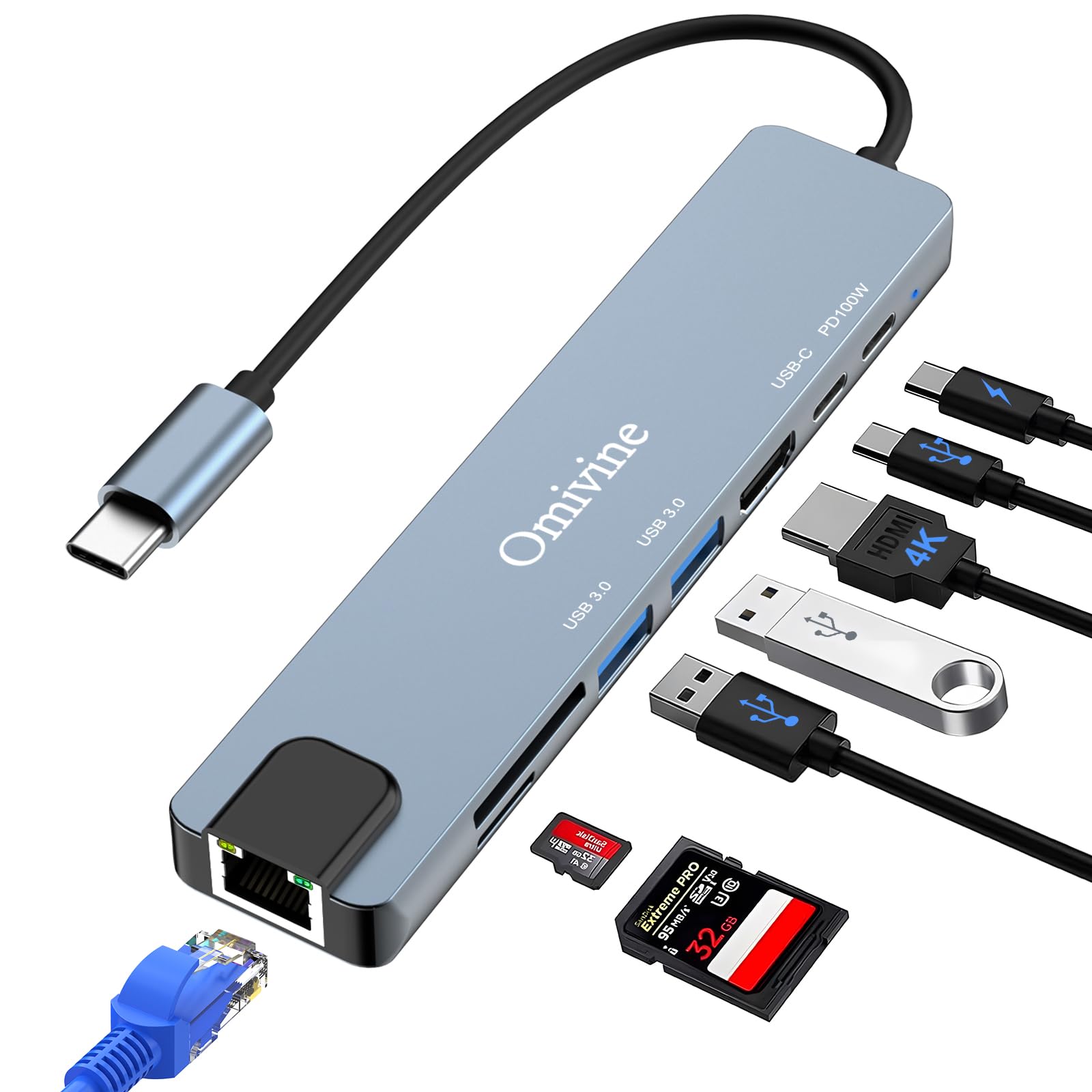 8-In-1 USB-C Hub mit 1G Ethernet, PD 100W, 4K HDMI, 2 X USB 3.0, 1 X C, SD/TF Kartenleser, Typ-C Splitter Adapter für iPhone 16/15, MacBook, iPad, Samsung, MacBook, Surface, Dell, Laptop, PS4, TV