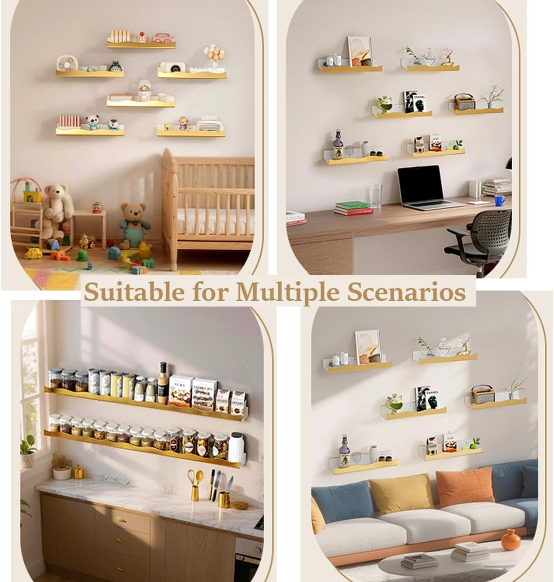 Acrylic Wall Shelf Organizers 15 Inch Floating Shelf for Wall Decor Bookshelf for Kids Modern Mirror Gold Wall Mount Shelf for Living Room, Bedroom, Bathroom (6, Gold Mirror)