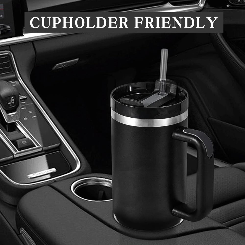 40 oz Tumbler with Handle and Straw Lid - Insulated Reusable Stainless Steel Travel Mug for Hot and Cold Beverages, Water Bottle, Iced Coffee Cup (Black) - Image 4