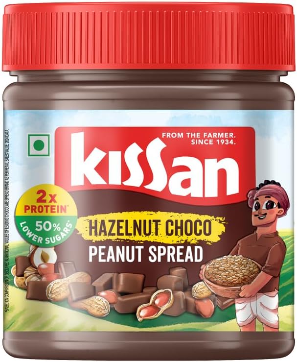 KISSAN Hazelnut Choco Peanut Spread, 350g, for a Tasty Breakfast, with 18% Protein & 30% Dark Chocolate Creme, 50% Less Sugar than Leading Spreads, no Added Colours or Preservatives