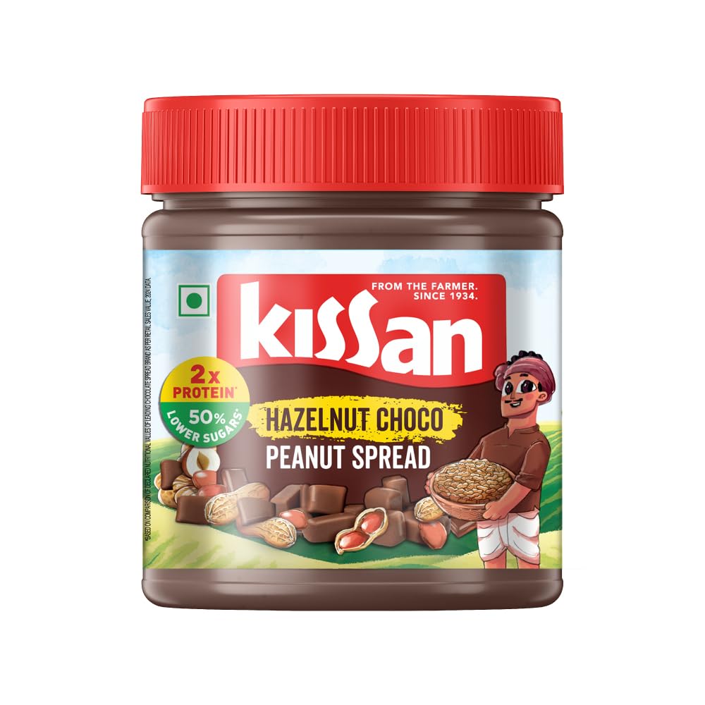 KISSAN Hazelnut Choco Peanut Spread, 350g, for a Tasty Breakfast, with 18% Protein & 30% Dark Chocolate Creme, 50% Less Sugar than Leading Spreads, no Added Colours or Preservatives