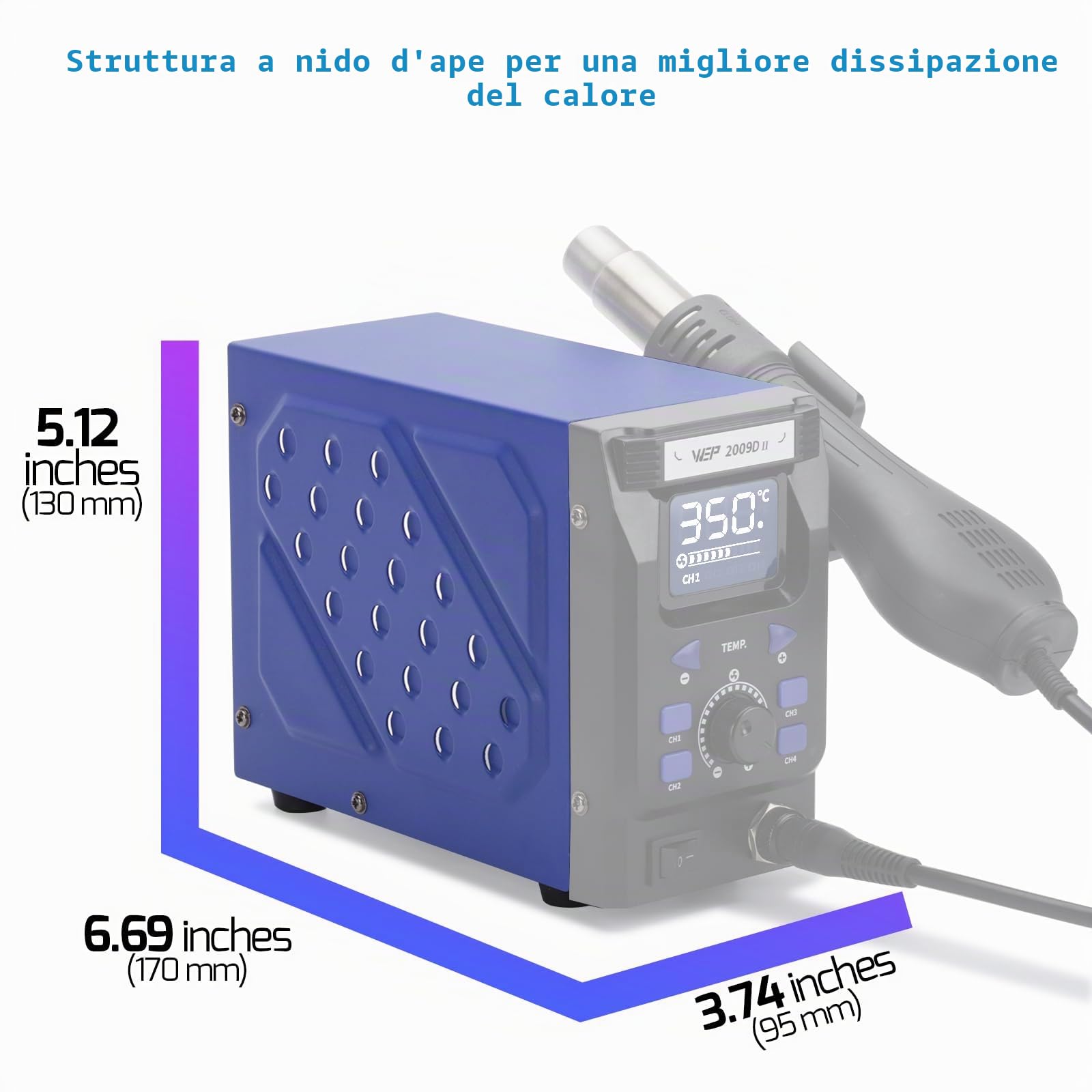 WEP 2009D-II Stazione Saldante Aria Calda ad aria calda con pistola saldante rimovibile, 4 canali preimpostati, Temperatura regolabile 100-480℃, Stabilizzazione temperatura PID(EU)