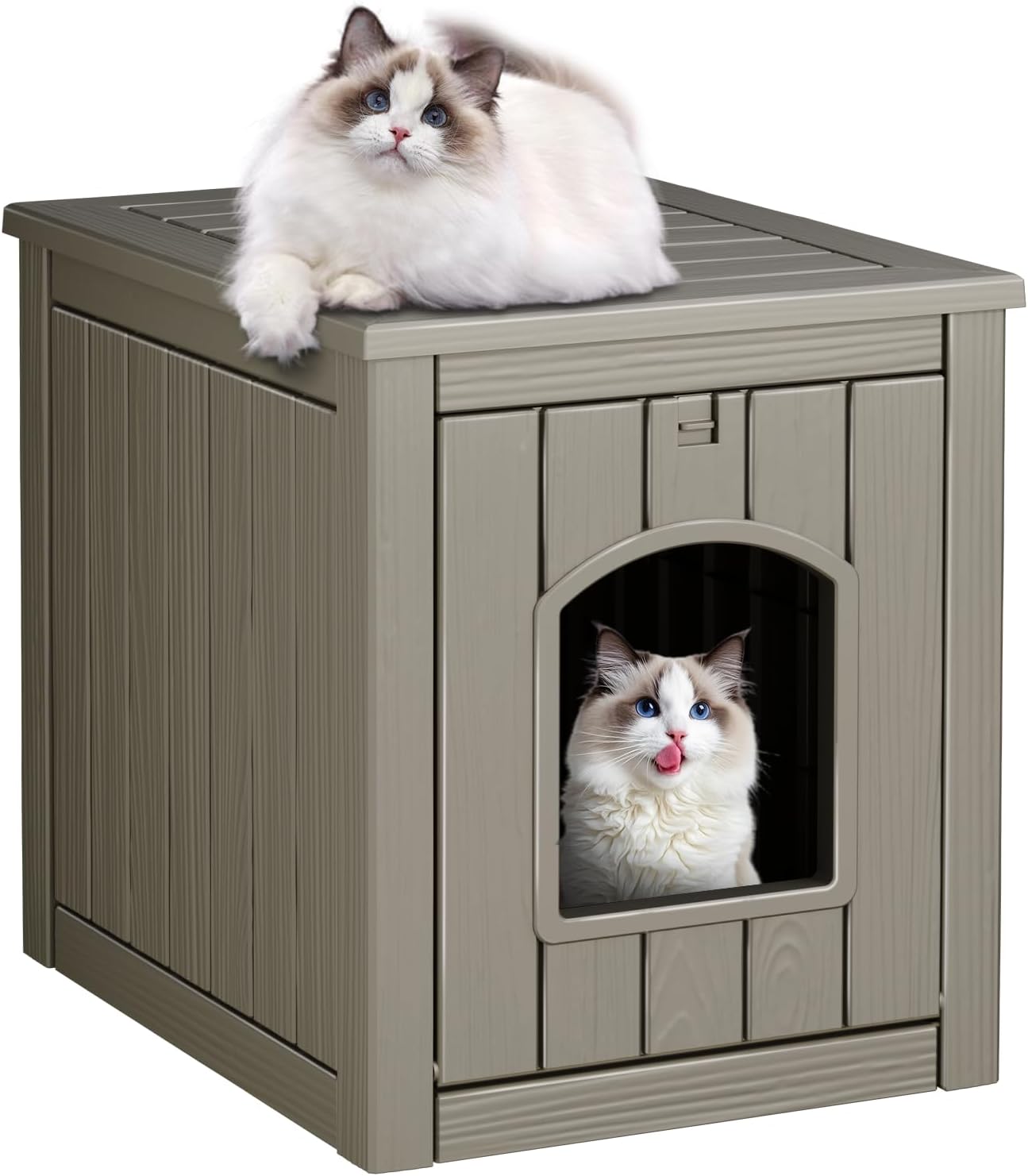 Cat House Outdoor Indoor - All-Weather Resin Cat Houses for Outdoor Cats, Durable & Insulated Pet Shelter for Garden Patio Backyard Grey 18.46*23.62*21.42