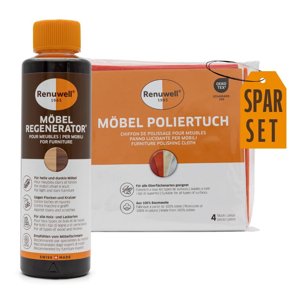 Renuwell Régénérateur de meubles (500 ml) et chiffon de polissage - Combinaison parfaite pour rafraîchir et entretenir les meubles en bois