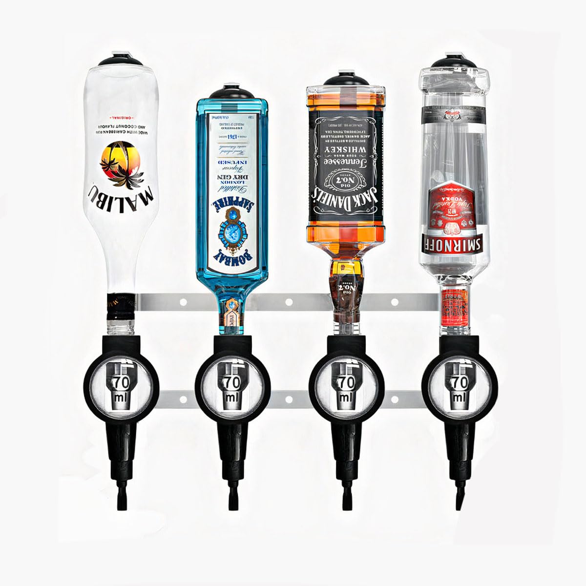 Professional 2/4/6 Bottle Optics for Spirits - UK Made Bar Butler Shot Measure Bracket Alcohol Wine Upside Down Drink Dispenser Home bar Garage Man cave (4 Bottle, 70ml)