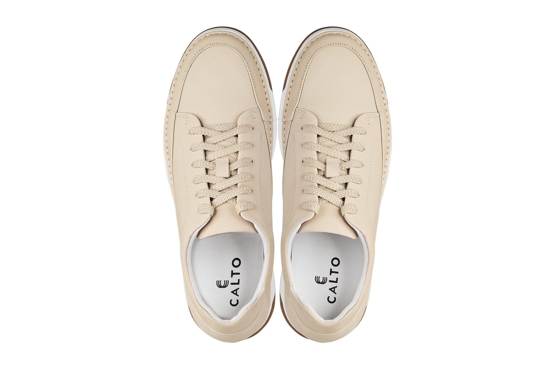CALTO Zapatos de elevación Invisibles para Hombre con Aumento de Altura – Zapatillas de Cuero de Primera Calidad con Cordones – 2.6 Pulgadas más Altas, Suela de Goma Blanca de Ante Blanco Marfil, 40