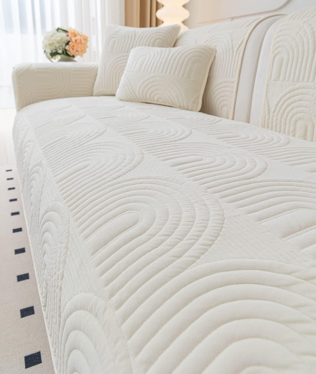 Velvet Plush Sofa Cover Geometric Quilted Sectional Couch Covers Non-Slip Soft Sofa Slipcover for Dogs, Children, Pets Furniture Protector (Cream,36"x36")