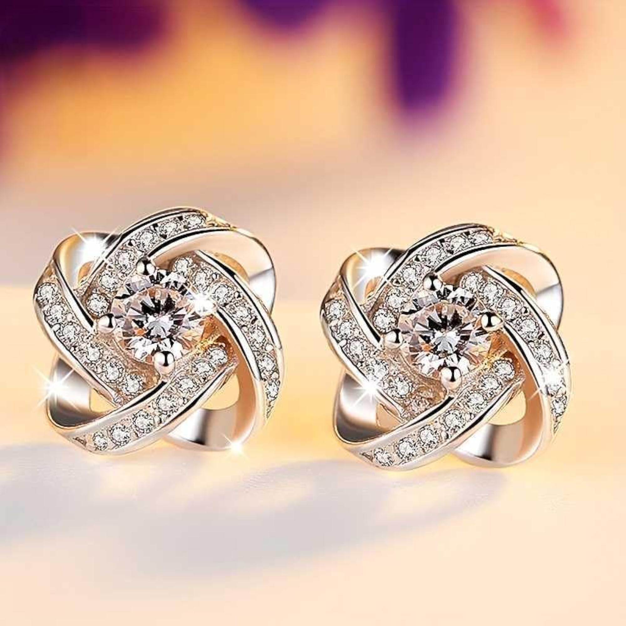 Celtic Knot Stud Earrings with Cubic Zirconia, Silver Plated