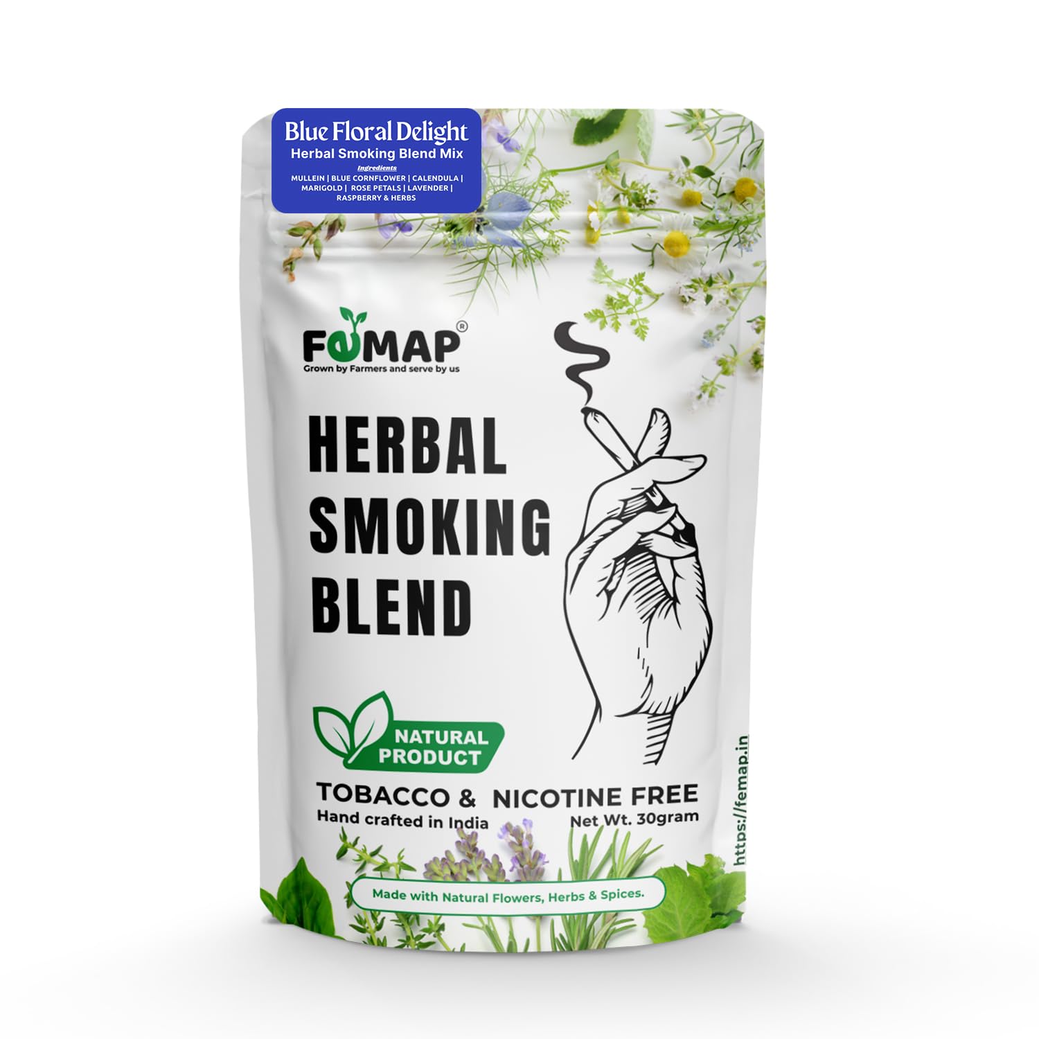 Blue Floral Delight Herbal Smoking Blend Mix | Natural, Tobacco Free & Nicotine Free | With Mullein, Blue Cornflower, Calendula, Raspberry Leaves, Lavender & Herbs | 30g Pack of 1-image-3