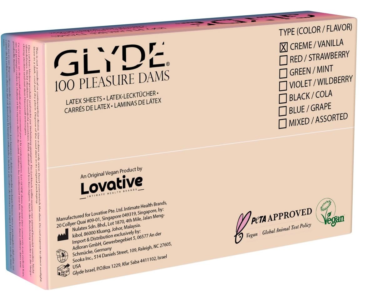 Glyde Dams VANILLA - 100 Latex-Schutztücher - Gelb gefärbt - Lecktücher mit Vanille-Duft