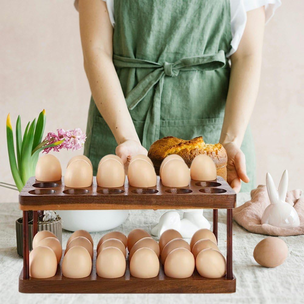Soporte De Madera para Huevos De Doble Capa, Organizador De Bandejas para Huevos De Cocina De Granja, Estante De Almacenamiento De Huevos Frescos De 2 Niveles para Encimera