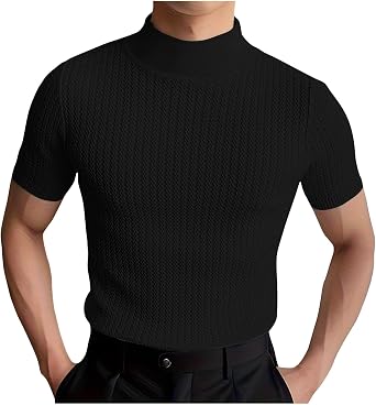 Mens Ribbed Knit Turtleneck T-Shirt Short Sleeve Slim Fit Stretchy Mock Neck Tops Fashion Casual Tee Shirts