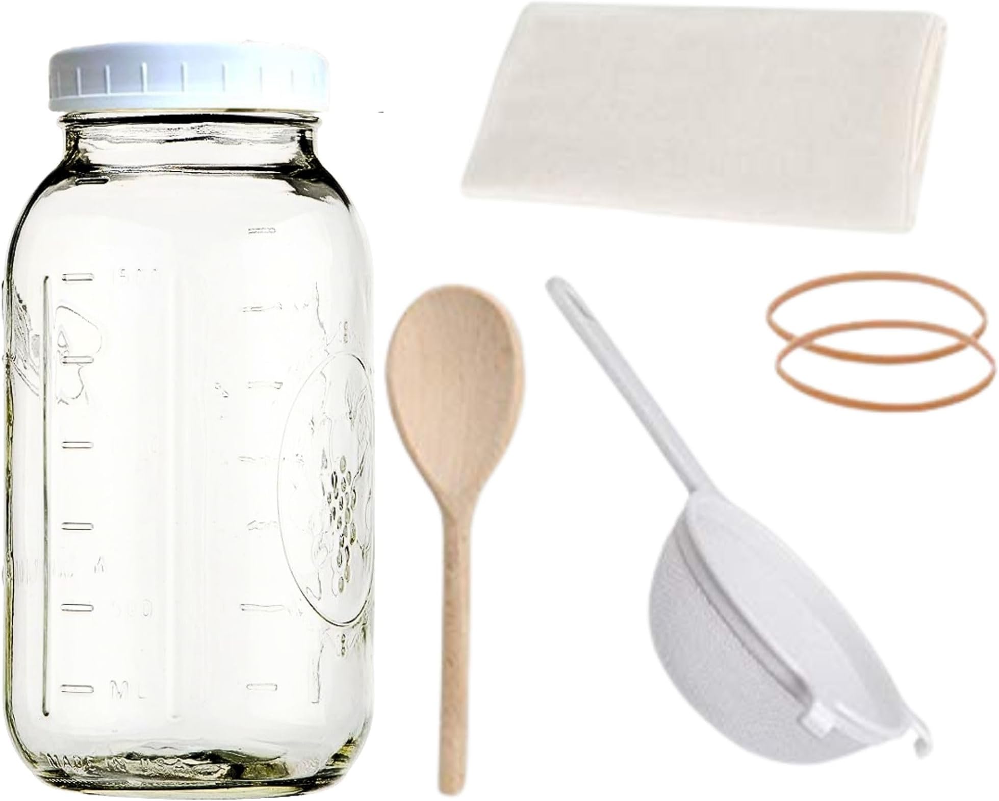 Jarming Collections Complete Kefir Starter Kit/Kombucha Fermentor Kit-1 Mason Jar Wide Mouth-Plastic Storage Lid - HIC(4 Inch) Nylon Mesh Strainer-Cotton Cloth Cover and Wood Spoon (Half Gallon)