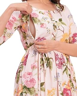Women's Cotton Floral Printed Maternity Feeding Kurti with Zipper Maternity Gown for Women Feeding Kurti