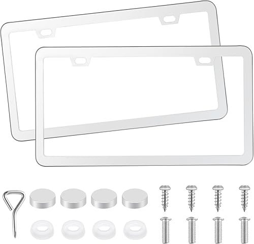 Amiss Paquete de 2 marcos de matrícula sólidos a prueba de óxido, 2 agujeros cuadrados de acero inoxidable, cubiertas protectoras de placa con tapas