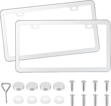 Amiss 2 Pack Solid Rust-Proof License Plate Frame, 2 Square Holes Stainless Steel Licenses Plate Covers Protector Frame with Screw Caps for Women & Man, Automotive Exterior Accessories Silver